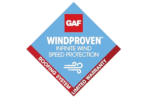 GAF windproof logo displayed prominently, representing durability and protection in roofing solutions.